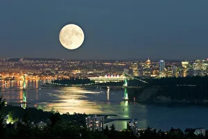 Prints of Full Moon, seen above the Vancouver skyline, Canada Images Dated 2009 May: Full Moon Print over Vancouver Skyline