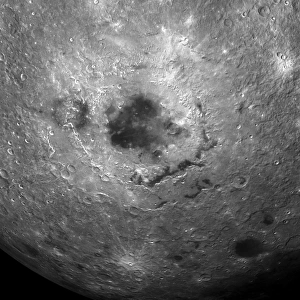 Prints of Moons surface. At centre is the Mare Orientale, a multi-ring basin formed by a massive asteroid impact that then filled with lava Images Dated 2011 December: Mare Orientale Multi-Ring Basin Print