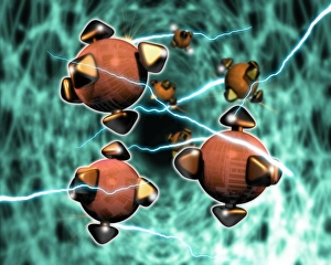 Prints of Nanorobots. Computer artwork of nanorobots in the brain, surrounded by nerve impulses. Microscopic robot technology could be developed in the future to treat diseases in new ways Images Dated 2004 July: Nanorobots Print: Microscopic Robot Technology in the Brain