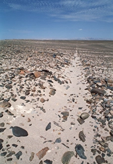 Prints of Nazca line seen from the ground. These lines make up the geoglyphs, or landscape drawings, found in the coastal desert of southern Peru Images Dated 2001 March: Nazca Line Geoglyphs Print from Ground Level