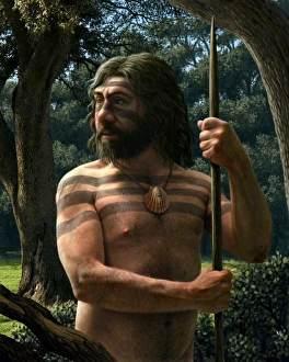Homo Sapiens V Homo Neanderthalensis Prints: Neanderthal with shell ornament, artwork
