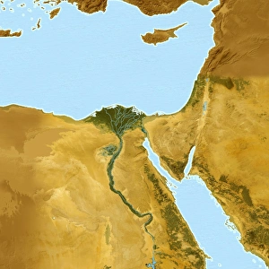 Prints of The Nile. Computer artwork showing the course of the river Nile (lower centre) from its source at Lake Victoria (blue, lower centre), to its delta (reddish brown) Images Dated 2011 May: The Nile Print