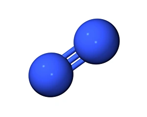 Prints of Nitrogen molecule. Computer model of a molecule of nitrogen (N2). The two nitrogen atoms are joined by a covalent triple bond. Nitrogen is a colourless gas at room temperature Images Dated 2006 April: Nitrogen Molecule Print, Computer Model of N2