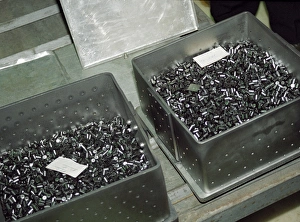 Prints of Nuclear fuel pellets. These are used in nuclear power stations to provide the fuel for the controlled nuclear fission reactions that provide energy Images Dated 2006 July: Nuclear Fuel Pellet Print