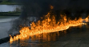Prints of Oil fire. Burning oil floating on the surface of water Images Dated 2006 August: Oil fire Print: Burning oil on water surface