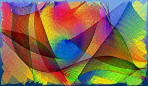 Prints of Optical pattern. Computer model of patterns formed by bending a coloured transparent sheet. The flat structure is distorted, as seen by the distortion of the gridlines Images Dated 2004 January: Optical Pattern Print