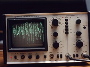 Prints of Oscilloscope displaying white noise. Oscilloscopes use cathode ray tubes to graphically exhibit variations in voltage or electric current Images Dated 2004 December: White Noise Oscilloscope Print