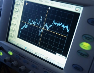 Prints of Oscilloscope trace. Screen of an oscilloscope showing a trace of voltage against time. Oscilloscopes are used to display and analyse waveforms of electronic signals Images Dated 2003 December: Oscilloscope Print - Voltage vs Time Trace