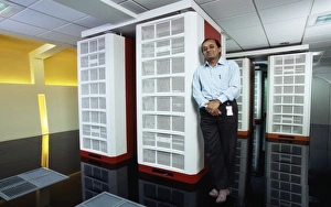 Prints of Param Padma supercomputer. Dr Subrata Chattopadhyay pictured with the Param Padma supercomputer. This is Indias most powerful supercomputer, capable of a peak computing power of one Teraflop Images Dated 2005 March: Param Padma Supercomputer Print