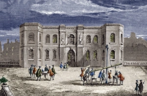Prints of Paris Observatory under construction, with astronomers using a telescope, coloured artwork. This observatory, in Paris, France, was funded by King Louis XIV and built during the period 1667 to 1672 Claude Perrault Prints: Colourful print of the Paris Observatory under construction