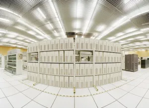 Physics Prints: Grid Computer Farm Print: A Fish-Eye View of CERN's Supercomputer Room