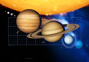 Prints of Planets and the Sun next to a scale, artwork. The planets of our solar system have been drawn to scale and placed next to each other on a grid Images Dated 2006 December: Planets and Sun with Scale Print