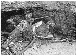 Print of miners using pneumatic drills in a copper mine