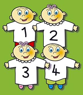 Prints of Quadruplets, computer artwork Images Dated 2005 January: Quadruplets Print - Computer artwork of four identical babies