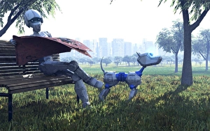 Prints of Robot reading a newspaper, computer artwork. This could be an android robot programmed to act like a human, but lacking intelligence Images Dated 2006 January: Print of Android Reading Newspaper with Dog