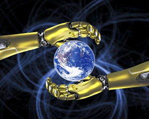 Future Technology Concept Prints: Robotic hands and Earth, artwork