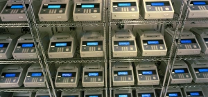 Rows of PCR systems copying human DNA Rows of PCR systems copying human DNA