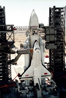 Space Shuttle Prints: Print of the Russian Buran space shuttle on launchpad