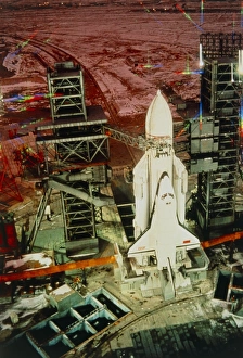 Russian shuttle Buran on launch pad at night Russian shuttle Buran on launch pad at night