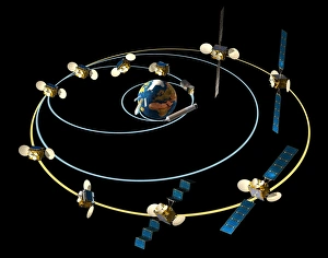Prints of Satellite launch sequence diagram. This sequence shows a telecommunications satellite being launched from the equator into geostationary orbit (yellow circle) Images Dated 2012 February: Satellite Launch Sequence Diagram Print