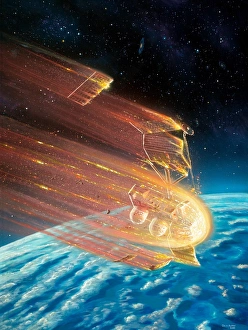 Prints of Satellite re-entry. Artwork of the re-entry of the Compton Gamma Ray Observatory (CGRO) satellite through the Earths atmosphere Images Dated 2001 January: Satellite Re-entry Print
