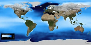 Prints of Sea surface density, global map. The density of the surface water of the worlds oceans is calculated from measurements of temperature and salinity Images Dated 2010 January: Global Sea Surface Density Map Print