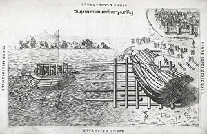 Images Dated 27th August 2009: Ship launch system, 16th century print