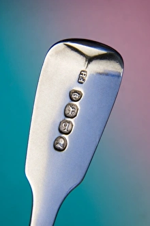 Prints of Silver hallmarks from 1831 on the handle of a piece of silver cutlery. A hallmark is an official mark made on an item of precious metal to guarantee the quality of the metal Images Dated 2006 December: Silver hallmarks on a piece of cutlery Print