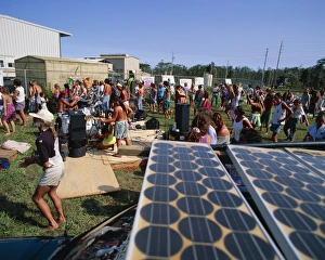 Prints of Solar panel use. Musicians using solar panels to power their instruments at a concert. Photographed in Pahoa, Hawaii, USA Images Dated 2007 June: Solar Panel Powered Music Performance Print
