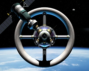 Space Hotel Print: Earth Orbit Space Station with Docking Supply Craft