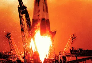 Sputnik Prints: Sputnik 1 Launch Print: A photograph of the R-7 Semyorka rocket in flight