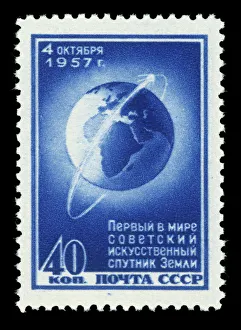Sputnik Prints: Sputnik 1 Print: A polished aluminium alloy sphere on a stamp