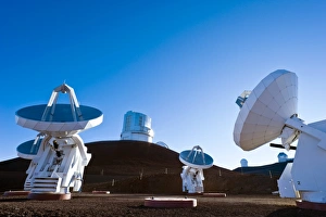 Prints of Submillimeter Array telescopes. The Submillimetre Array is composed of eight six-metre dishes. They are used to study star birth and cold interstellar material such as gas, dust and small rocks Images Dated 2009 May: Submillimeter Array Print, Mauna Kea