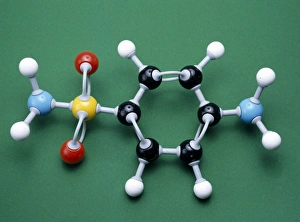 Prints of Sulphanilamide molecule. Molecular model of sulphanilamide (C6H8N2O2S), also known as 4- aminobenzenesulphonamide Images Dated 2003 December: Molecular model of Sulphanilamide Print
