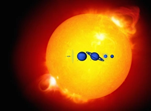 Prints of Sun and its planets. Artwork of the eight planets of the solar system silhouetted against the Sun and arrayed from left to right in their order from the Sun Images Dated 2006 December: The Sun and its planets print features eight planets in scale order