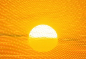 Renewable Energy Source Images Prints: Sunset reflection on solar panel, artwork