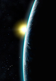Images Dated 5th October 2001: Sunset from Space Print - Earth and Sun Computer Artwork