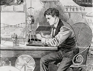 Thomas Edison Operating a Telegraph Machine Print