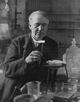 Prints of Thomas Alva Edison (1847-1931), US inventor, in his laboratory at West Orange, New Jersey, USA Thomas Edison Prints: Print of Thomas Edison in his laboratory at West Orange, New Jersey