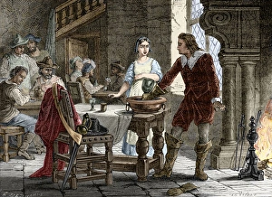 Prints of Scene depicting the moment in 1690 when Thomas Savery (1650-1715)supposedly conceived the principle of a steam powered machine to pump water out of coal mines Images Dated 2012 September: Thomas Savery and his Steam Pump Print