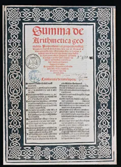 Title page of Luca Pacioli's 1523 Summa de Arithmetica. Art