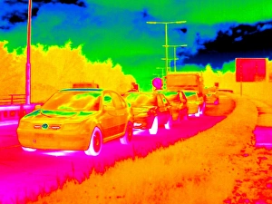 Prints of Traffic jam. Thermogram of vehicles in a traffic jam on a road. Thermography records surface temperatures by detecting the long-wavelength radiation emitted by an object Images Dated 2010 May: Thermogram Print of Vehicles in a Traffic Jam