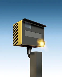 Prints of Traffic speed camera. Computer artwork of a traffic speed camera marked by yellow and black warning stripes Images Dated 2006 December: Traffic Speed Camera Print
