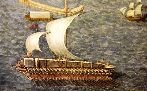 Prints of Roman Cargo Ship, reconstructed in the form of a raft, being used to transport the Montecitorio obelisk from Egypt to Rome in 10 BC Images Dated 2011 July: Transporting the Montecitorio Obelisk Roman Cargo Ship Print