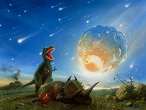 Tyrannosaurus rex fleeing from an asteroid strike Tyrannosaurus rex fleeing from an asteroid strike
