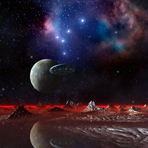 UFO over an alien planet, artwork F005/0142 UFO over an alien planet, artwork F005/0142
