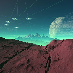 UFOs over an alien planet, artwork F005/0139 UFOs over an alien planet, artwork F005/0139