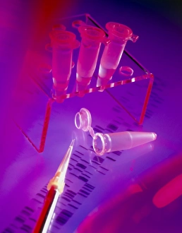 View of microtubes, pipette & DNA sequence View of microtubes, pipette & DNA sequence
