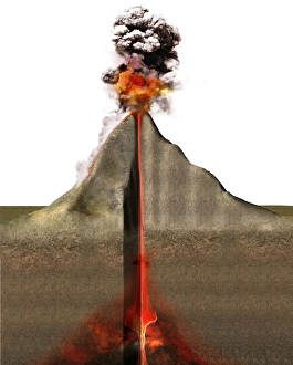 Prints of Volcanic eruption, artwork. Volcanoes are places where magma (molten rock, orange) emerges from beneath the Earths crust. This can lead to the formation of a volcanic cone, as here Images Dated 2012 February: Volcanic Eruption Print