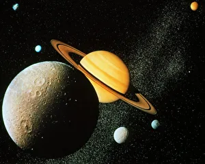 Voyager I composite of Saturn & six of its moons Voyager I composite of Saturn & six of its moons